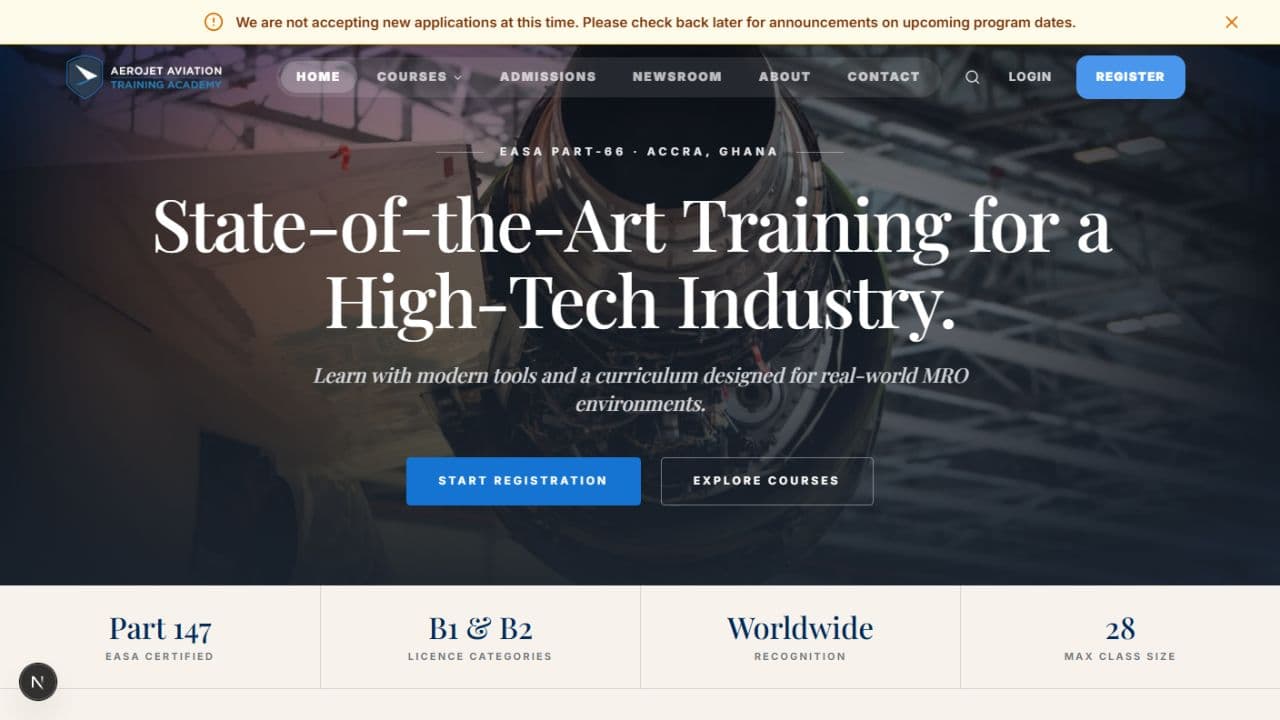 Aerojet Academy aviation training platform homepage