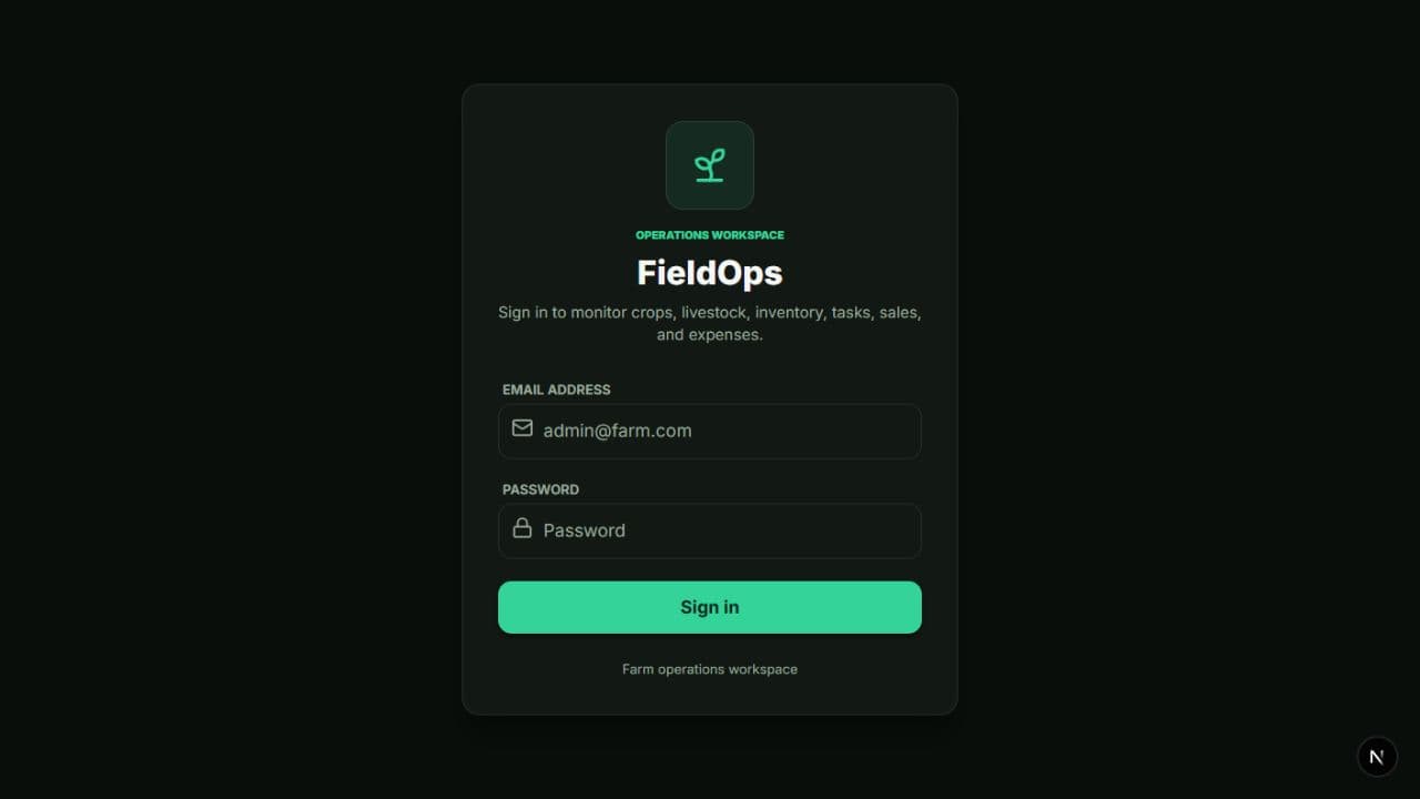 FieldOps farm management sign-in screen