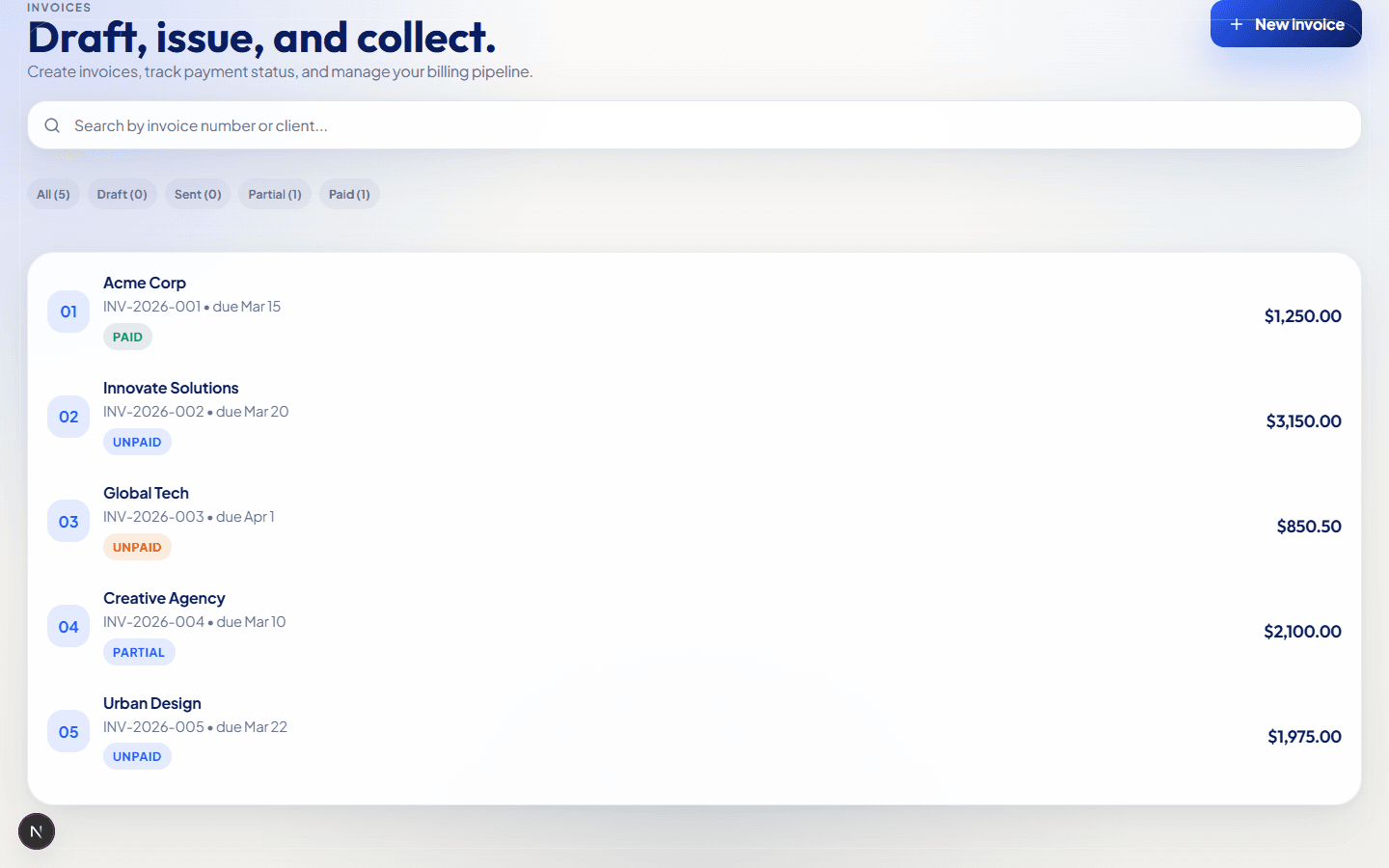 Invoice-Go invoice list with example records